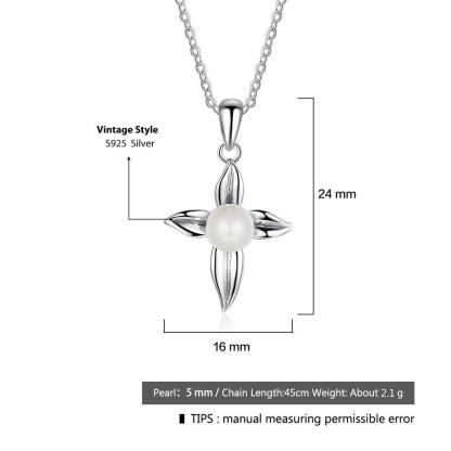 Cross Patterned Silver Pearl Pendant Necklace - Personalized Jewel