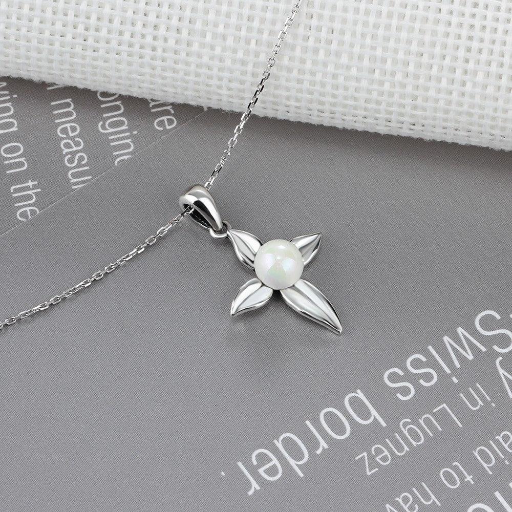 Cross Patterned Silver Pearl Pendant Necklace - Personalized Jewel