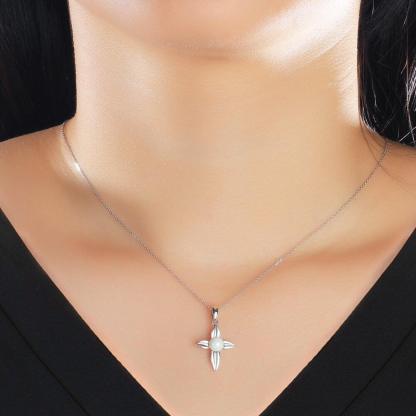 Cross Patterned Silver Pearl Pendant Necklace - Personalized Jewel