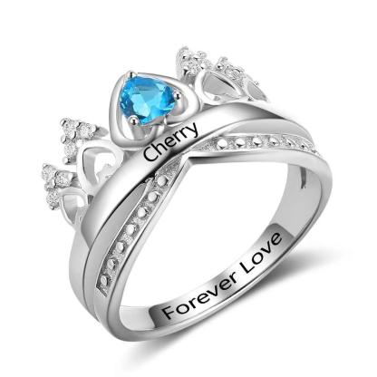 Crown Shaped 925 Sterling Silver Ring with Birthstone Setting in Shape of Heart, Personalized Gift of Love - Personalized Jewel