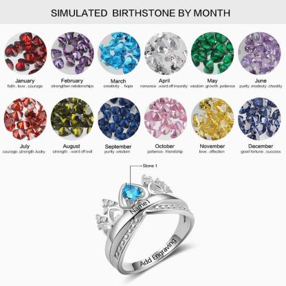 Crown Shaped 925 Sterling Silver Ring with Birthstone Setting in Shape of Heart, Personalized Gift of Love - Personalized Jewel