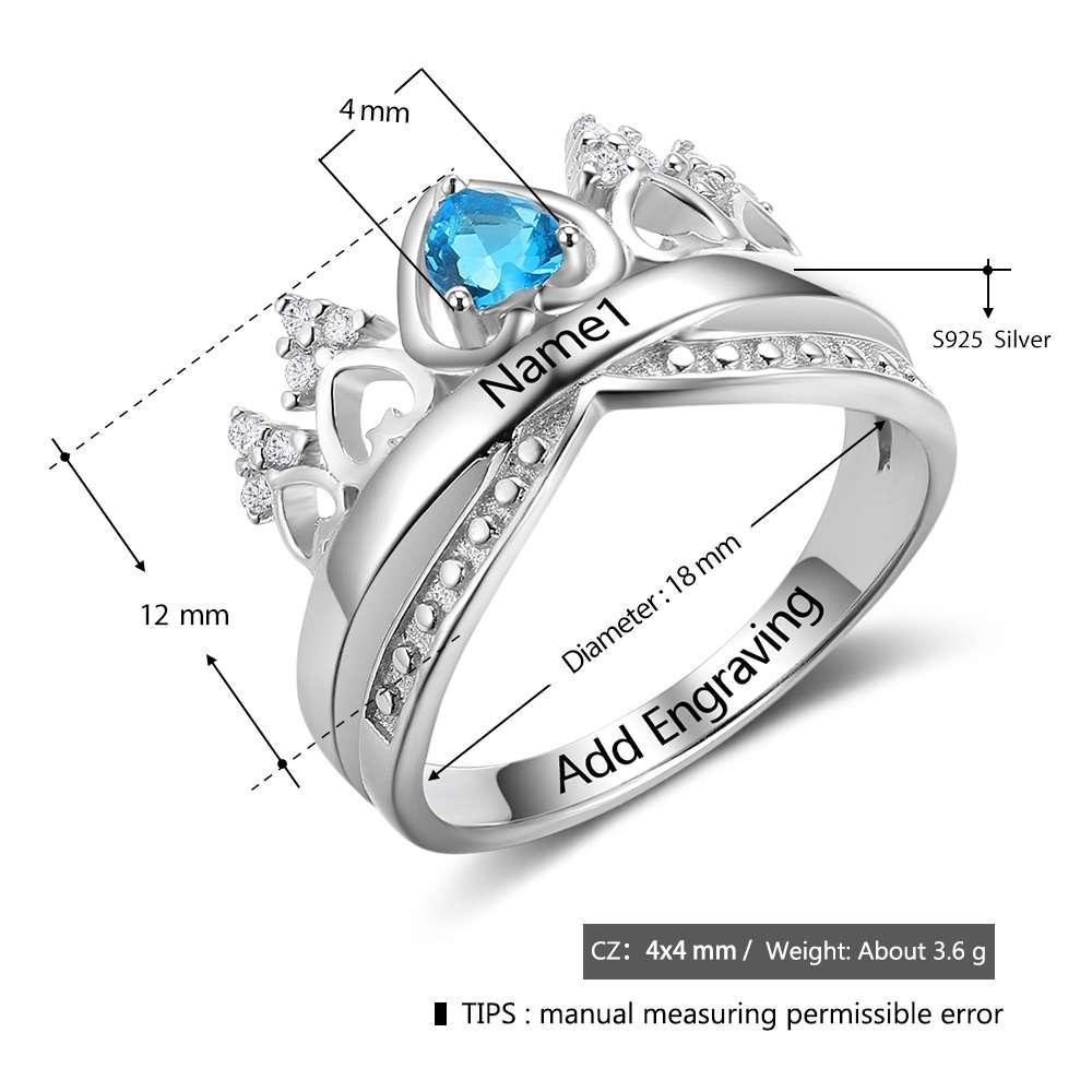 Crown Shaped 925 Sterling Silver Ring with Birthstone Setting in Shape of Heart, Personalized Gift of Love - Personalized Jewel