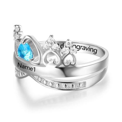 Crown Shaped 925 Sterling Silver Ring with Birthstone Setting in Shape of Heart, Personalized Gift of Love - Personalized Jewel