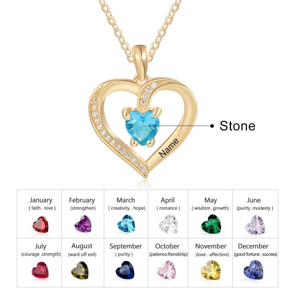 Custom Birthstone Heart Pendant, Personalized Name Engraving Pendant for Women - Personalized Jewel