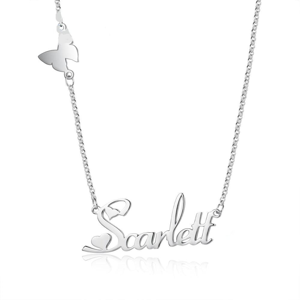 Customizable 925 Sterling Silver pendant necklace with a nameplate and butterfly-Personalized Jewels