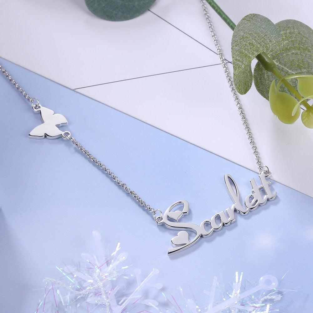Customizable 925 Sterling Silver pendant necklace with a nameplate and butterfly-Personalized Jewels