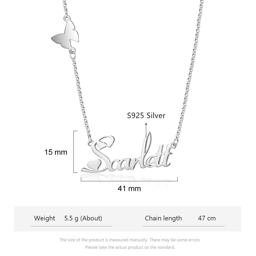 Customizable 925 Sterling Silver pendant necklace with a nameplate and butterfly-Personalized Jewels