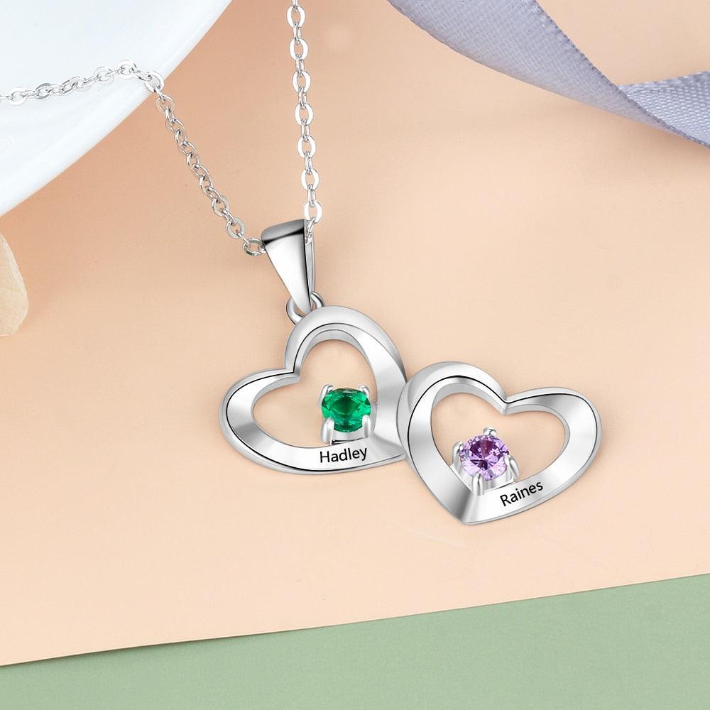 Customized 2 Birthstones Heart Necklace for Women Personalized Engraving Pendant Gifts - Personalized Jewel