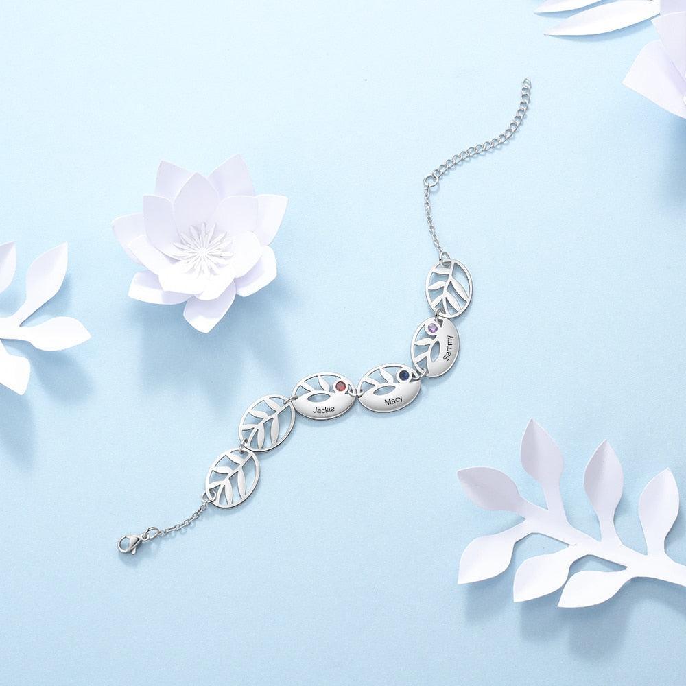 Customized 3 Names Engraving Leaf Charm Bracelet Fashionable Accessory for Women - Personalized Jewel