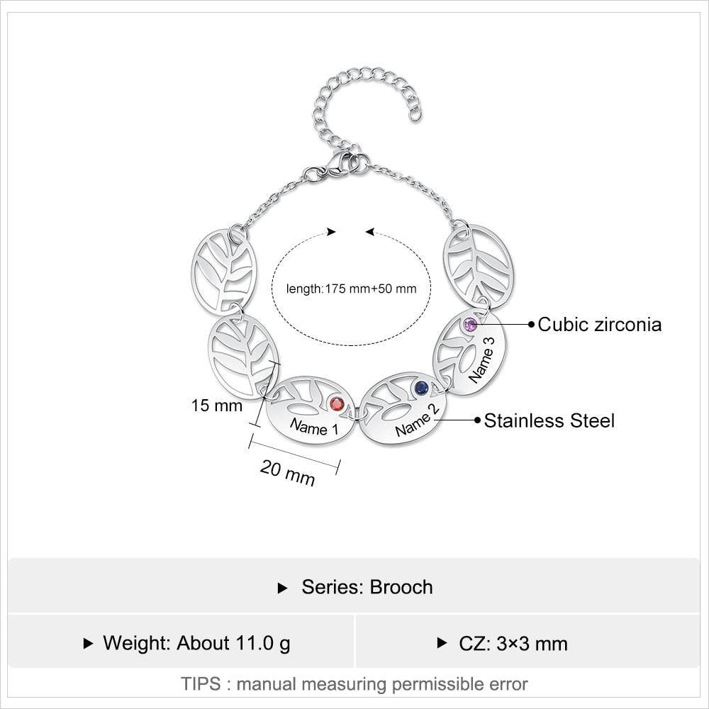 Customized 3 Names Engraving Leaf Charm Bracelet Fashionable Accessory for Women - Personalized Jewel