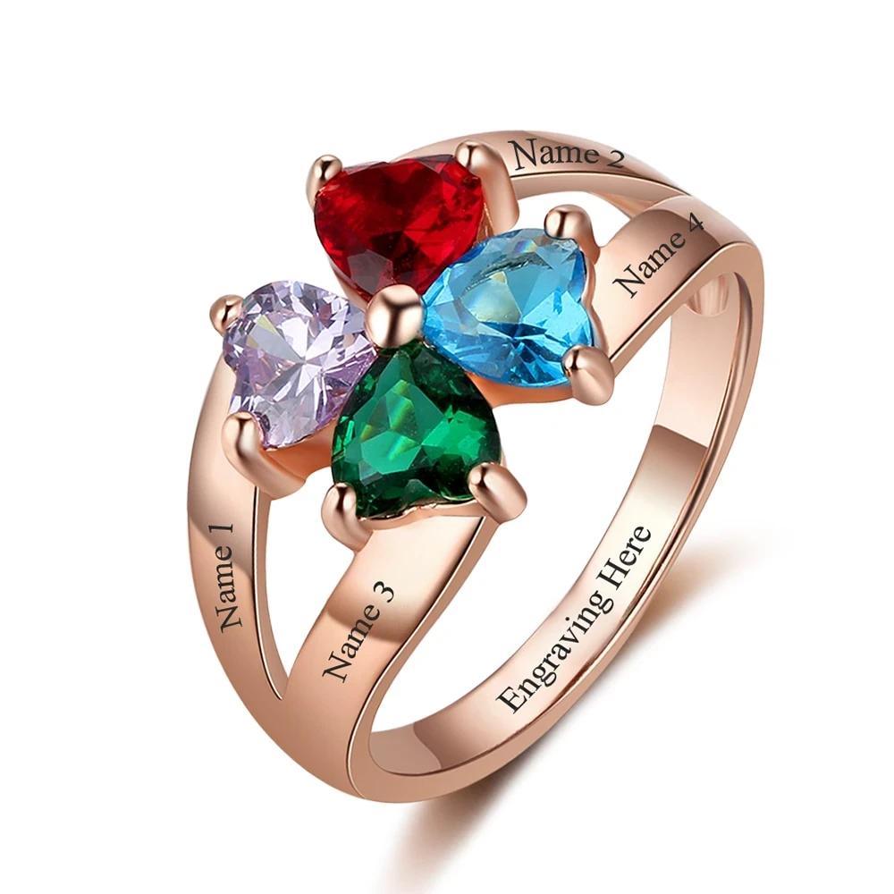 Customized 925 Sterling Silver Ring - Engrave Four Custom Names, One Special Phrase, and Four Birthstones-Personalized Jewels