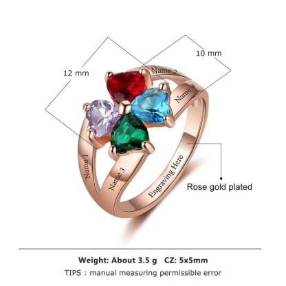 Customized 925 Sterling Silver Ring - Engrave Four Custom Names, One Special Phrase, and Four Birthstones - Personalized Jewel