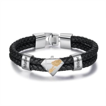 Customized Braided Leather Bracelet Personalized Father Kids Name Engraved Black Leather Bracelet-Personalized Jewels