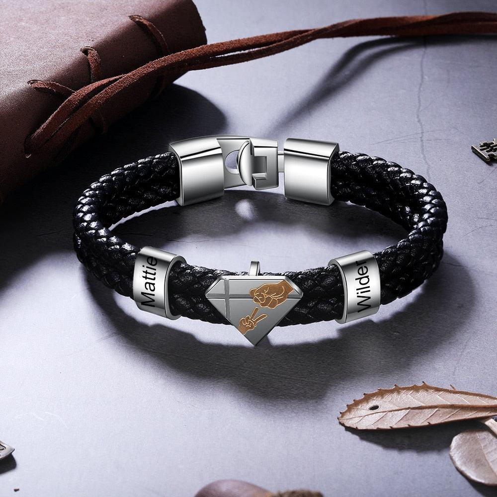 Customized Braided Leather Bracelet Personalized Father Kids Name Engraved Black Leather Bracelet-Personalized Jewels