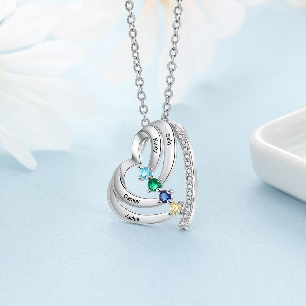 Customized Family Heart Pendant Necklace, Personalized 4 Names & Birthstones Pendant for Women - Personalized Jewel
