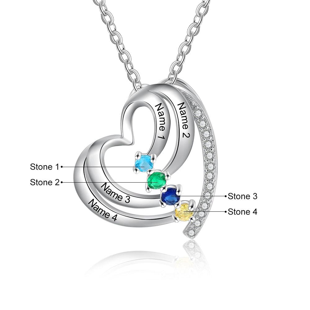 Customized Family Heart Pendant Necklace, Personalized 4 Names & Birthstones Pendant for Women - Personalized Jewel