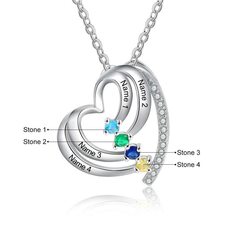 Customized Family Heart Pendant Necklace, Personalized 4 Names & Birthstones Pendant for Women - Personalized Jewel