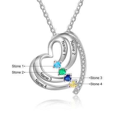 Customized Family Heart Pendant Necklace, Personalized 4 Names & Birthstones Pendant for Women - Personalized Jewel