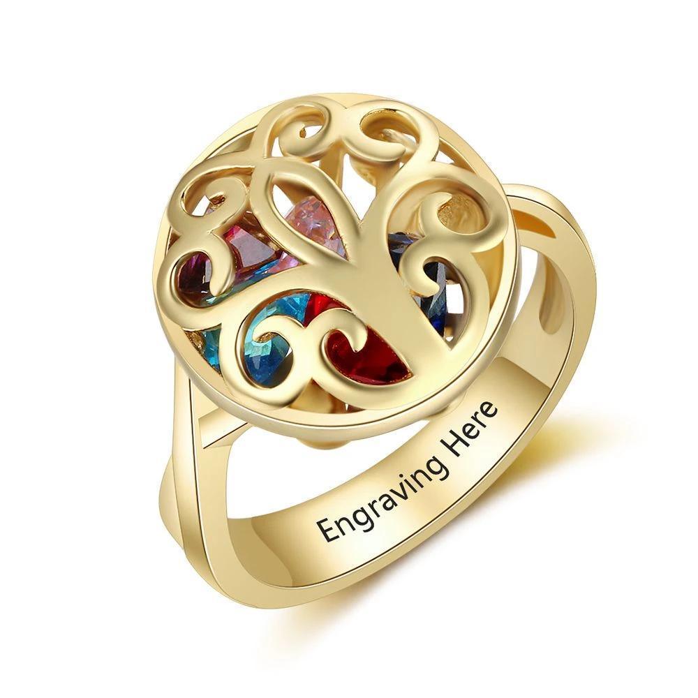 Customized Gold Color Rings Hollow With Birthstone Engrave Name Gifts Trendy Rings For Women New Arrival 2018 - Personalized Jewel