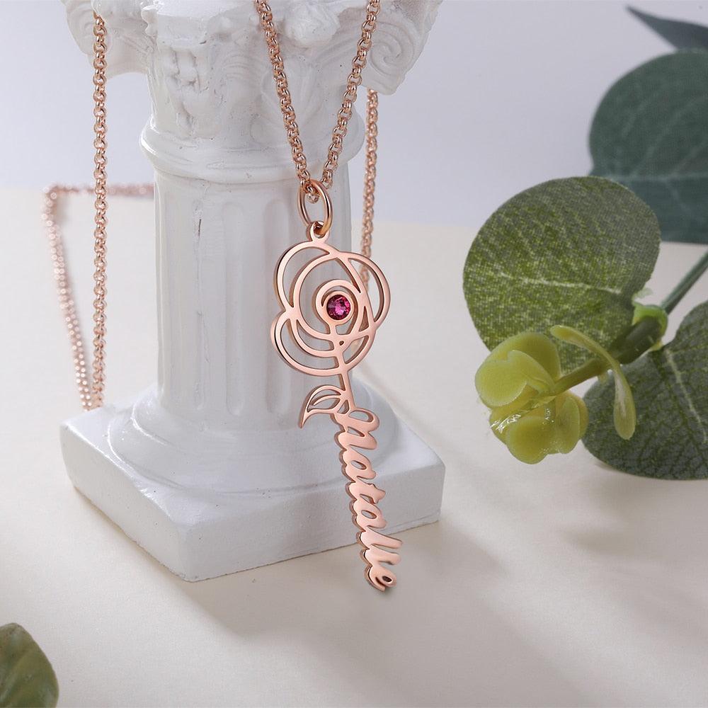 Customized Name Rose Necklaces, DIY Birthstone Flower Necklace, Customized Pendant for Mom, Accessories for Women, Gift for Women - Personalized Jewel