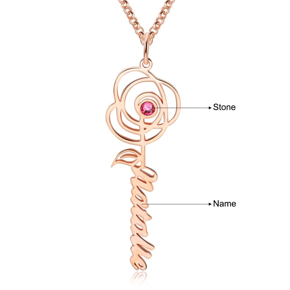 Customized Name Rose Necklaces, DIY Birthstone Flower Necklace, Customized Pendant for Mom, Accessories for Women, Gift for Women - Personalized Jewel