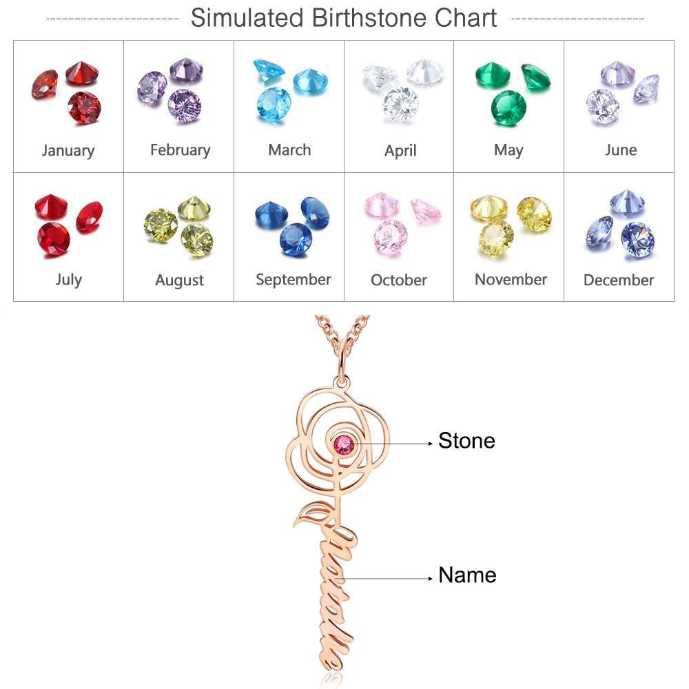 Customized Name Rose Necklaces, DIY Birthstone Flower Necklace, Customized Pendant for Mom, Accessories for Women, Gift for Women - Personalized Jewel
