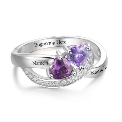 Customized Sterling Silver Ring with a Twisted Heart Shaped Design & Birthstone - Personalized Jewel