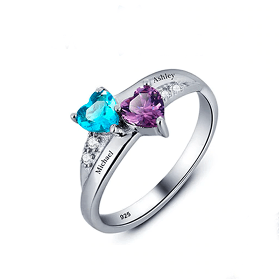 Customized Sterling Silver Stone Ring for Women - Personalized Two Heart Birthstone & Two Names Engraving - Personalized Jewel