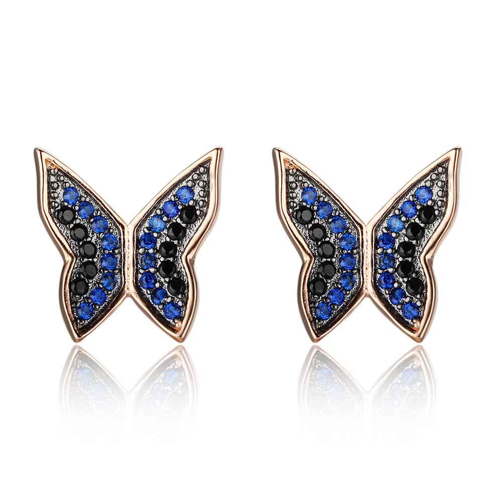 Cute 925 Silver Blue & Black CZ Butterfly Stud Earrings for Women, Best Fashion Gift Jewelry - Personalized Jewel