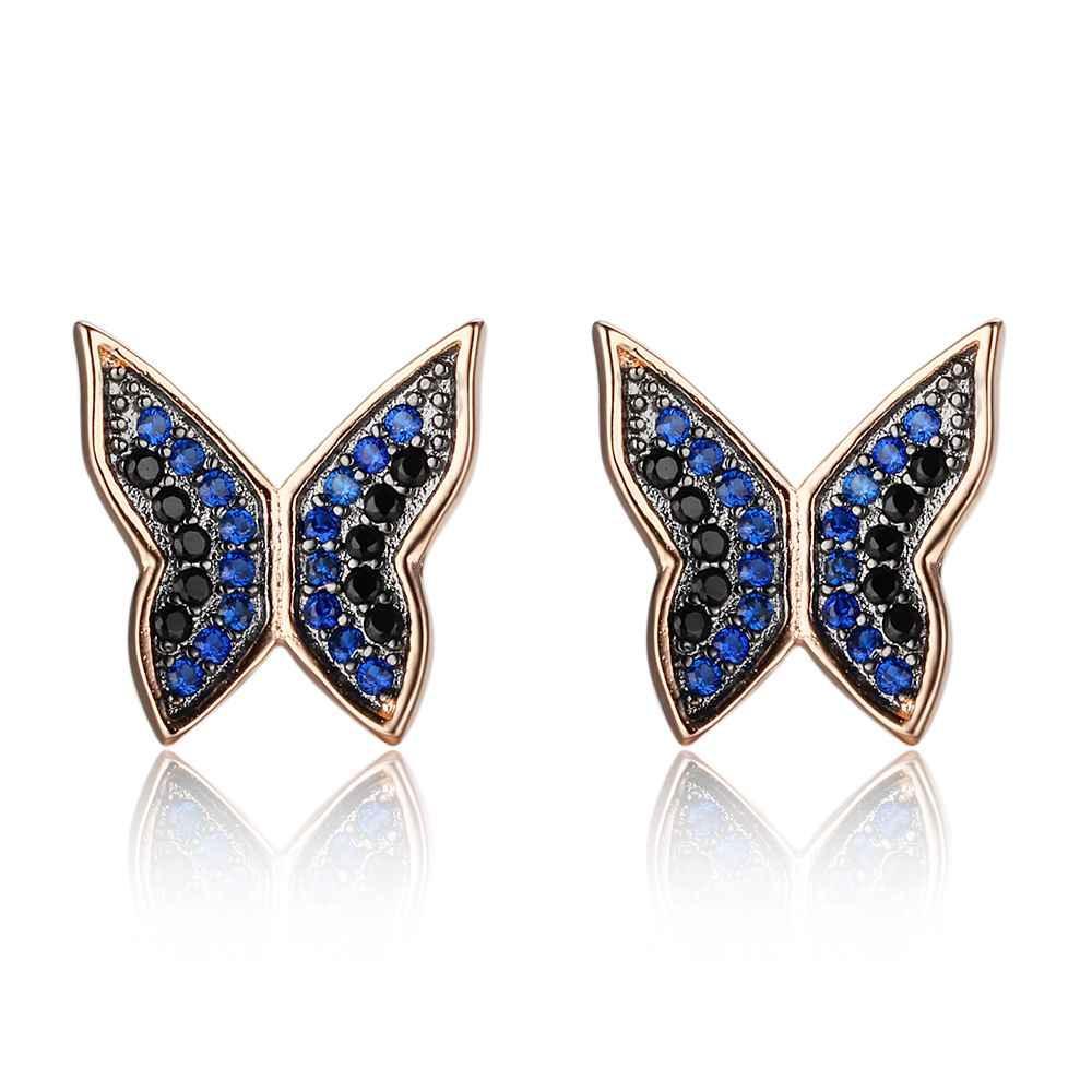 Cute 925 Silver Blue & Black CZ Butterfly Stud Earrings for Women, Best Fashion Gift Jewelry - Personalized Jewel