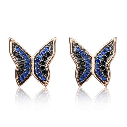 Cute 925 Silver Blue & Black CZ Butterfly Stud Earrings for Women, Best Fashion Gift Jewelry - Personalized Jewel