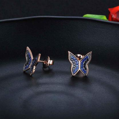 Cute 925 Silver Blue & Black CZ Butterfly Stud Earrings for Women, Best Fashion Gift Jewelry - Personalized Jewel