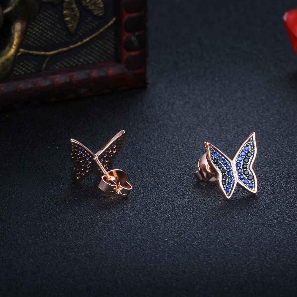 Cute 925 Silver Blue & Black CZ Butterfly Stud Earrings for Women, Best Fashion Gift Jewelry - Personalized Jewel