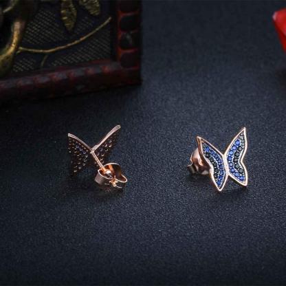 Cute 925 Silver Blue & Black CZ Butterfly Stud Earrings for Women, Best Fashion Gift Jewelry - Personalized Jewel