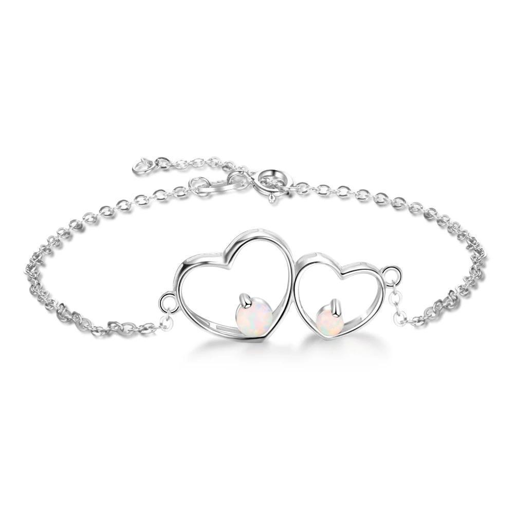 Double Heart 925 Sterling Silver Bracelet Bangles, Milky Opal Stone Design Silver Bracelet, Jewelry Gift for Women - Personalized Jewel