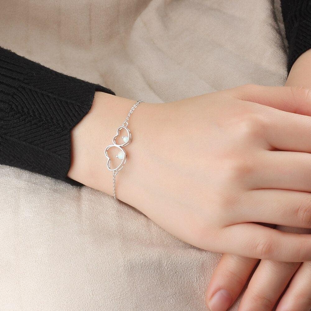 Double Heart 925 Sterling Silver Bracelet Bangles, Milky Opal Stone Design Silver Bracelet, Jewelry Gift for Women - Personalized Jewel