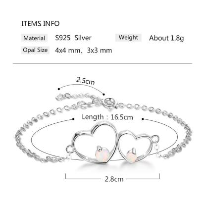 Double Heart 925 Sterling Silver Bracelet Bangles, Milky Opal Stone Design Silver Bracelet, Jewelry Gift for Women - Personalized Jewel