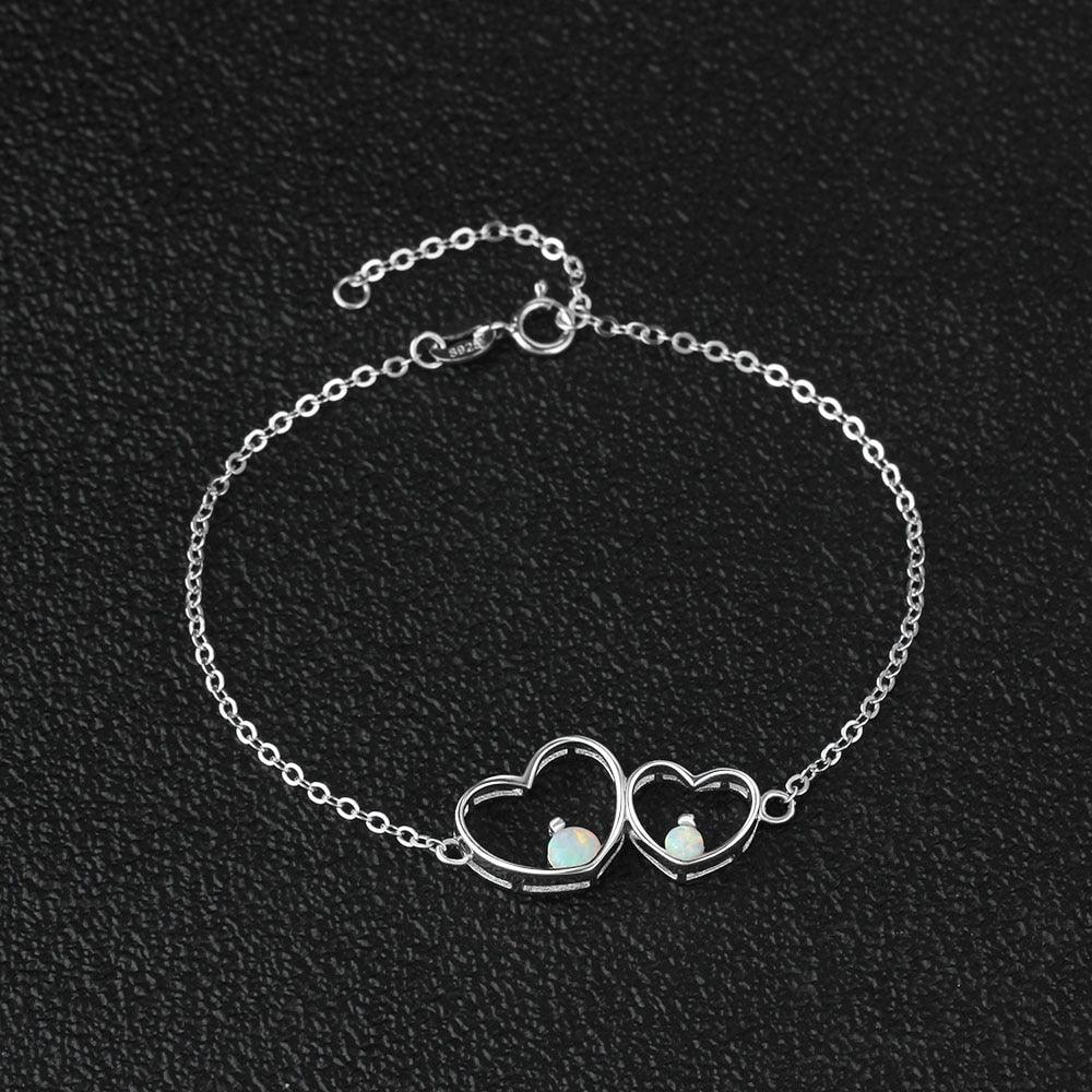 Double Heart 925 Sterling Silver Bracelet Bangles, Milky Opal Stone Design Silver Bracelet, Jewelry Gift for Women - Personalized Jewel