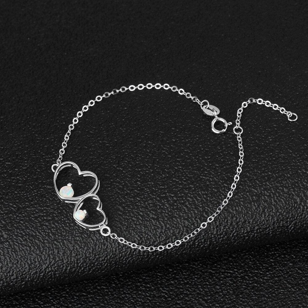 Double Heart 925 Sterling Silver Bracelet Bangles, Milky Opal Stone Design Silver Bracelet, Jewelry Gift for Women - Personalized Jewel