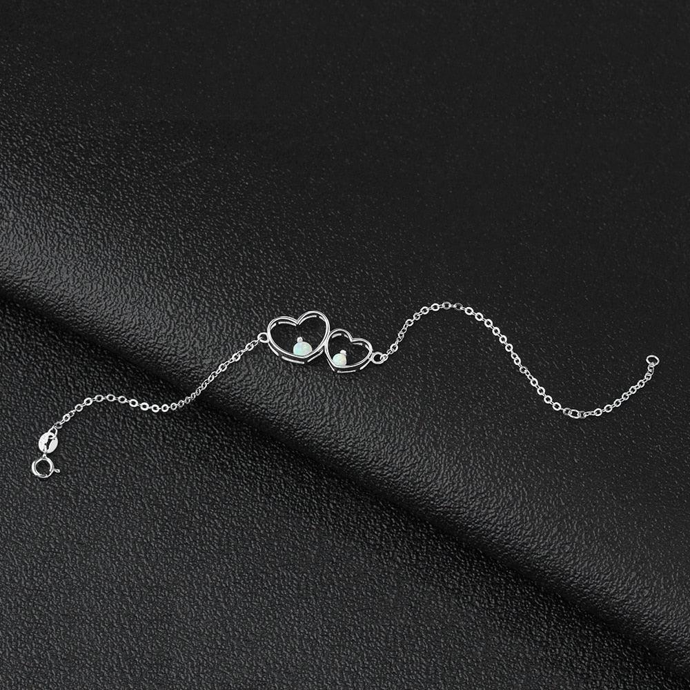 Double Heart 925 Sterling Silver Bracelet Bangles, Milky Opal Stone Design Silver Bracelet, Jewelry Gift for Women - Personalized Jewel