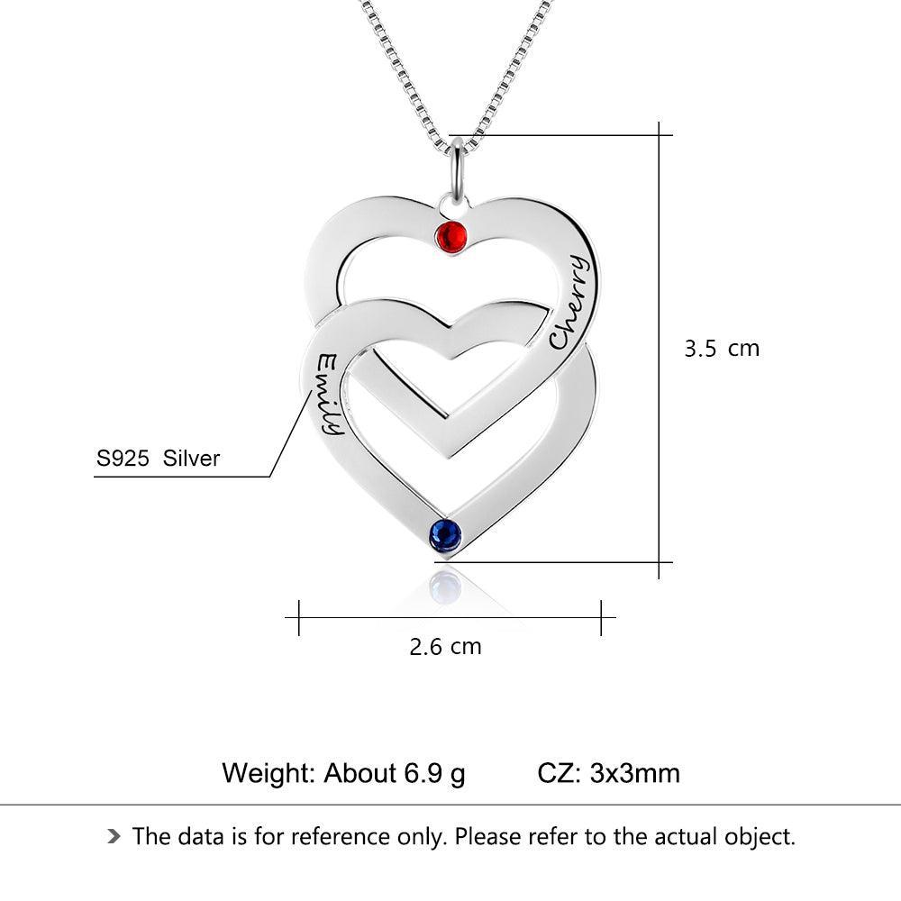 Double Heart Shape Personalized Engrave Name Necklace Birthstone 925 Sterling Silver Necklaces & Pendants - Personalized Jewel