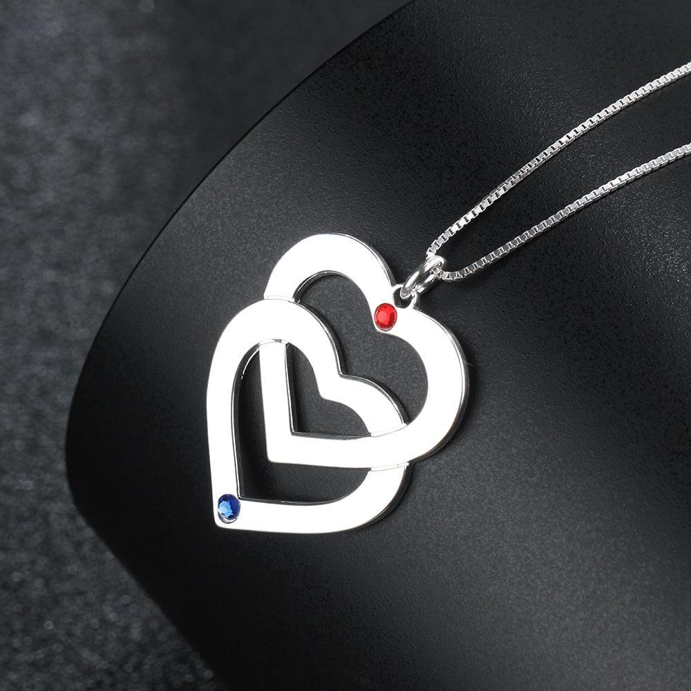 Double Heart Shape Personalized Engrave Name Necklace Birthstone 925 Sterling Silver Necklaces & Pendants - Personalized Jewel