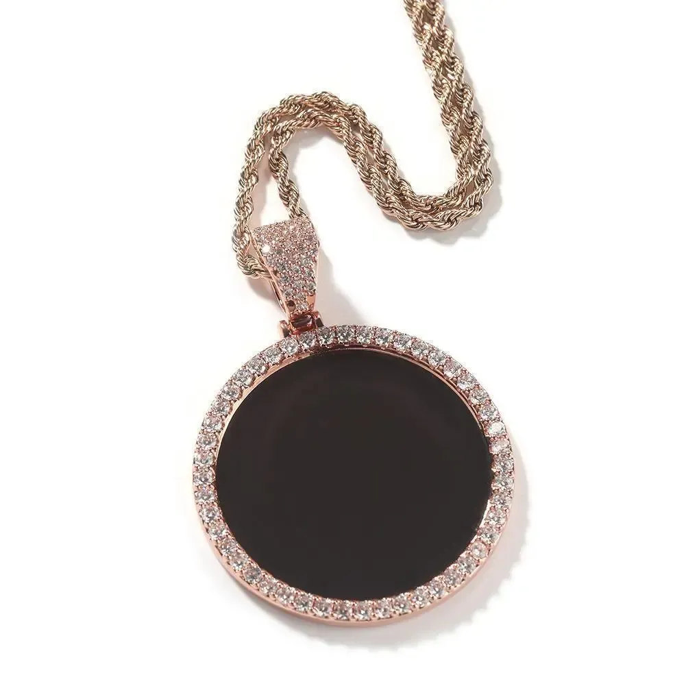 18K Gold Vacuum Plated Copper with 5A+ Sri Lanka Zircon Personalized DIY Custom Memory Round Colorful Photo Design Pendant With Necklace Miami Italy Mexico & Micro Inspired for Women & Men Luxury Jewelry,Daily