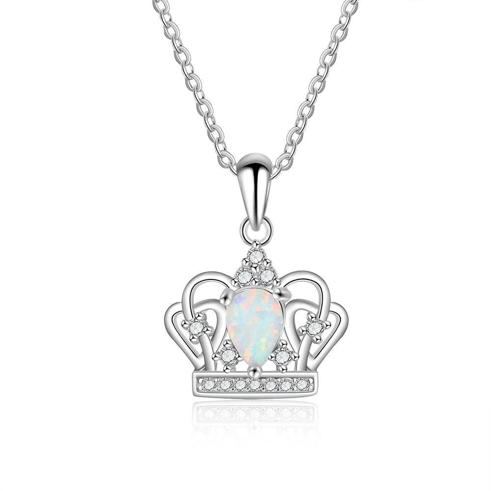 Elegant 925 Sterling Silver Crown Necklace with White Opal Pendant, Jewelry Gift for Women - Personalized Jewel