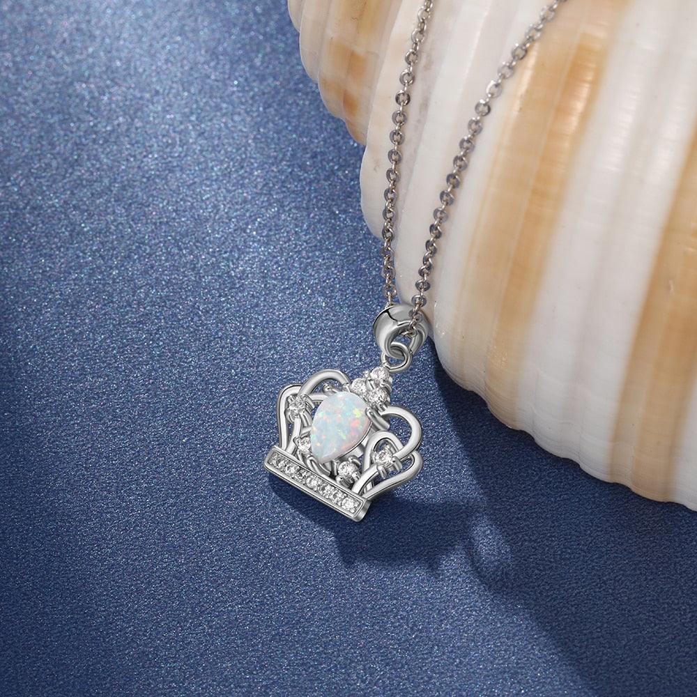 Elegant 925 Sterling Silver Crown Necklace with White Opal Pendant, Jewelry Gift for Women - Personalized Jewel