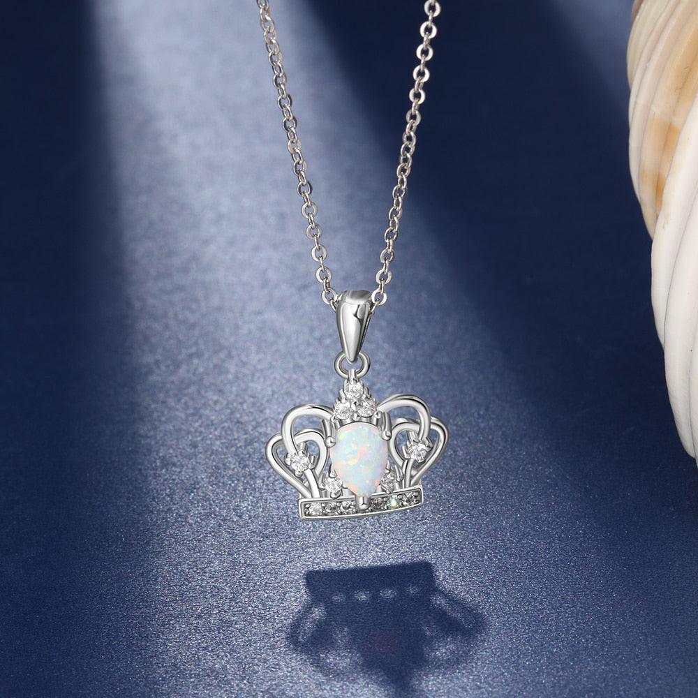 Elegant 925 Sterling Silver Crown Necklace with White Opal Pendant, Jewelry Gift for Women - Personalized Jewel