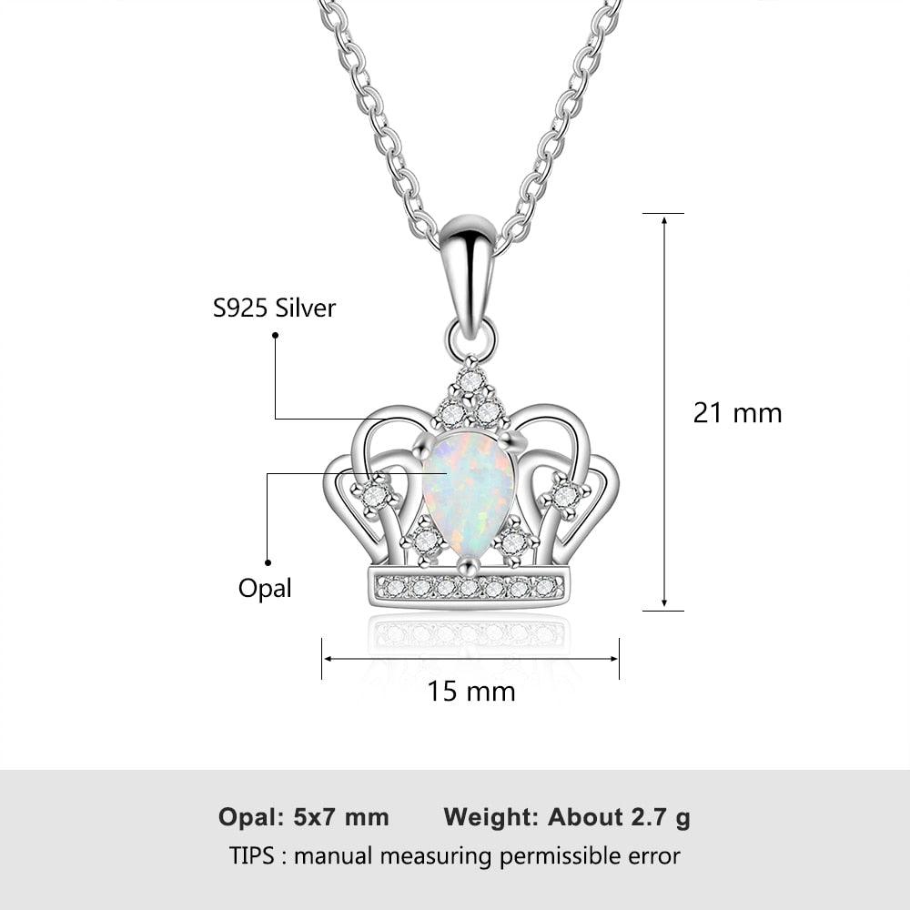 Elegant 925 Sterling Silver Crown Necklace with White Opal Pendant, Jewelry Gift for Women - Personalized Jewel