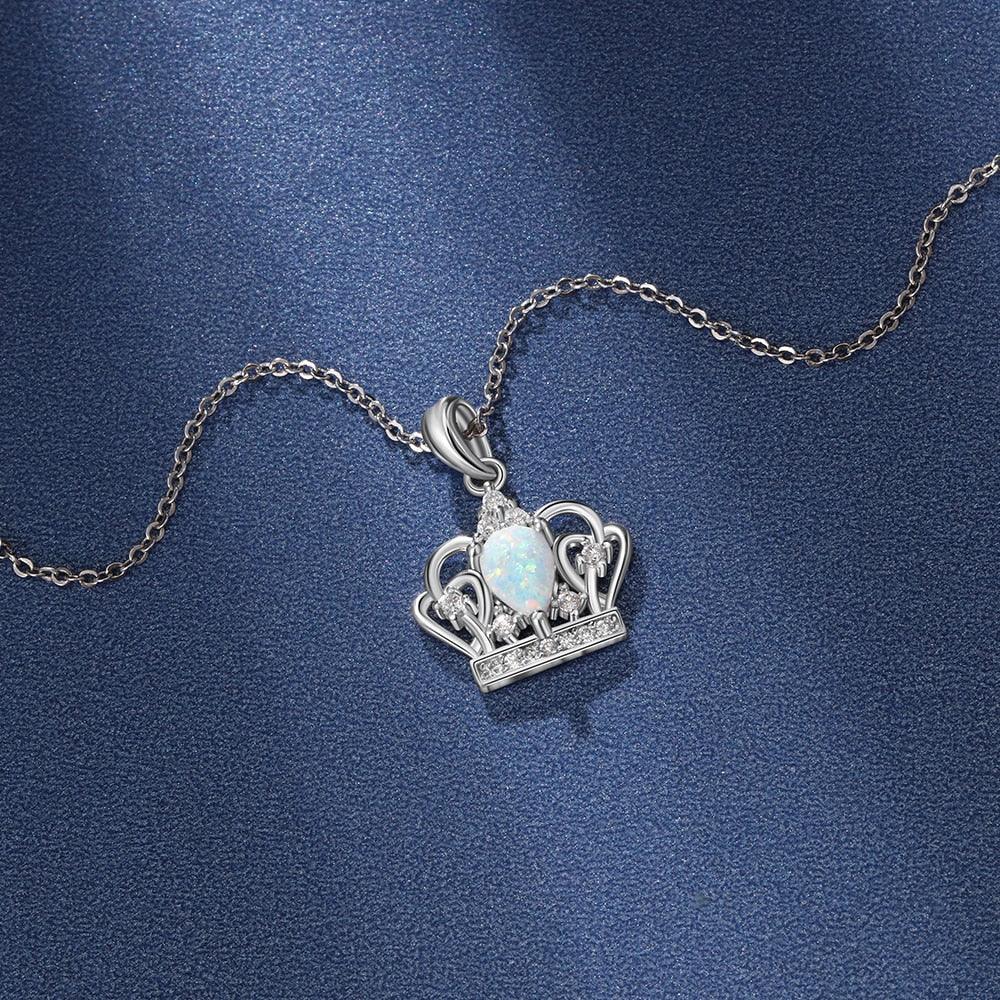 Elegant 925 Sterling Silver Crown Necklace with White Opal Pendant, Jewelry Gift for Women - Personalized Jewel