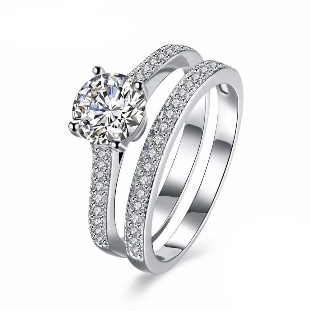 Engagement Ring Set - Sterling Silver Ring Bands with Cubic Zirconia Stones - Wedding Band rings - Personalized Jewel