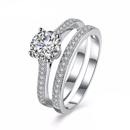 Engagement Ring Set - Sterling Silver Ring Bands with Cubic Zirconia Stones - Wedding Band rings - Personalized Jewel